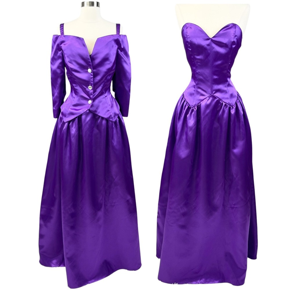 Vtg 80s Jordan Fashions Satin Gown Size 7/8 Basque Sleeveless Prom Formal Purple